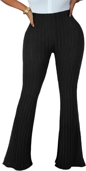 Women's Elastic High Waist Flare Pants Casual Bell Bottom Ribbed Knit Yoga Pants