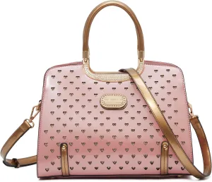 Women's Elegant Handbag  Designer Patent Leather Tote Bag, Heart Studs & Rhinestones, Top Handle with Crossbody Strap