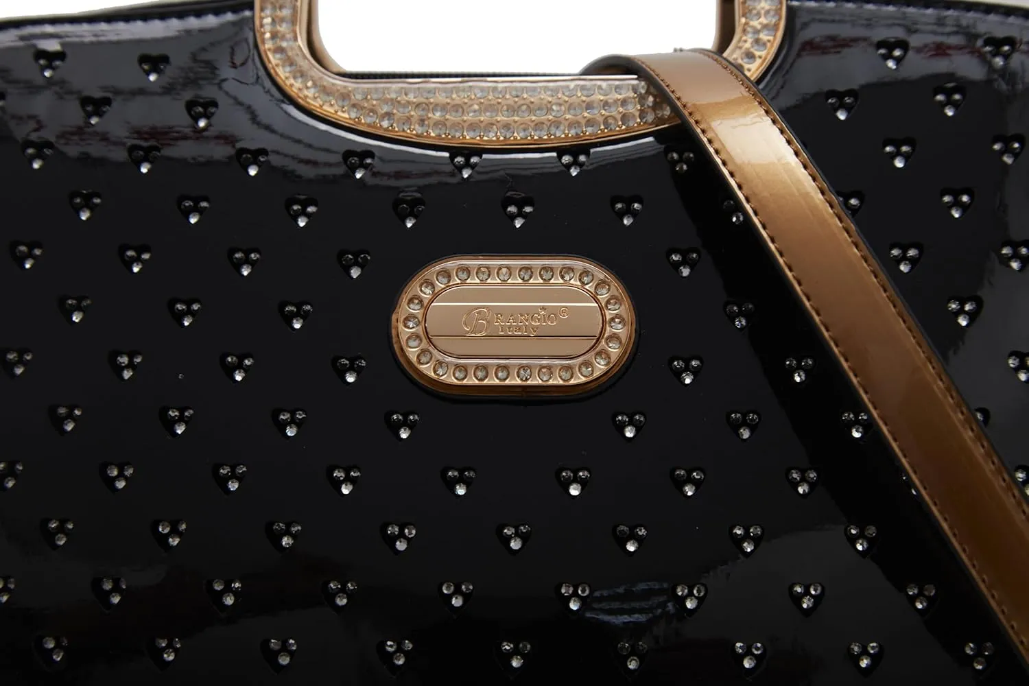 Women's Elegant Handbag  Designer Patent Leather Tote Bag, Heart Studs & Rhinestones, Top Handle with Crossbody Strap
