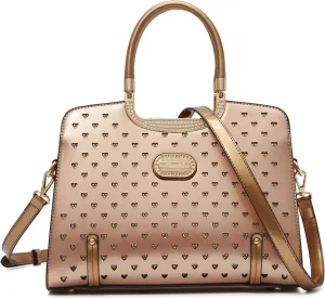 Women's Elegant Handbag  Designer Patent Leather Tote Bag, Heart Studs & Rhinestones, Top Handle with Crossbody Strap