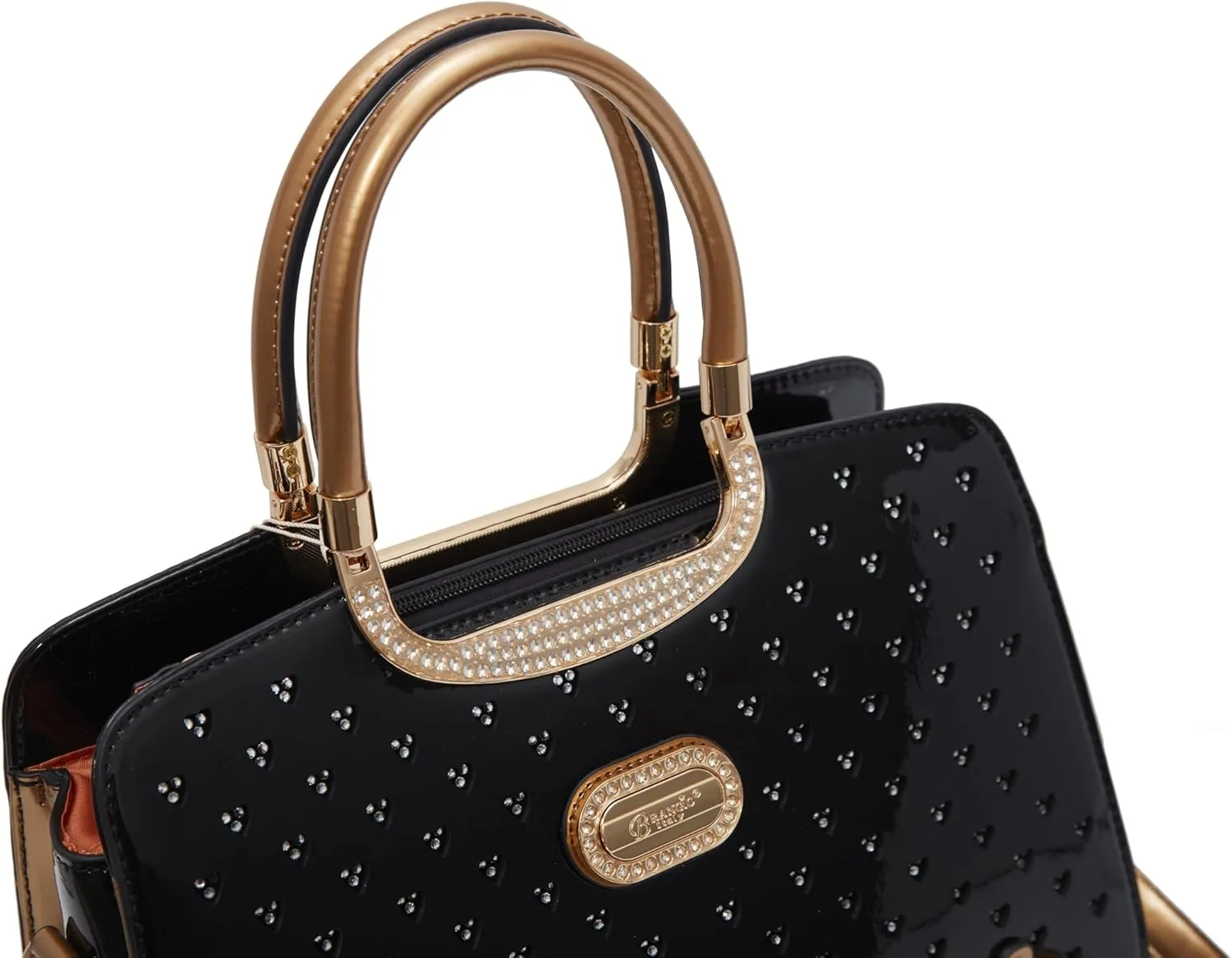 Women's Elegant Handbag  Designer Patent Leather Tote Bag, Heart Studs & Rhinestones, Top Handle with Crossbody Strap