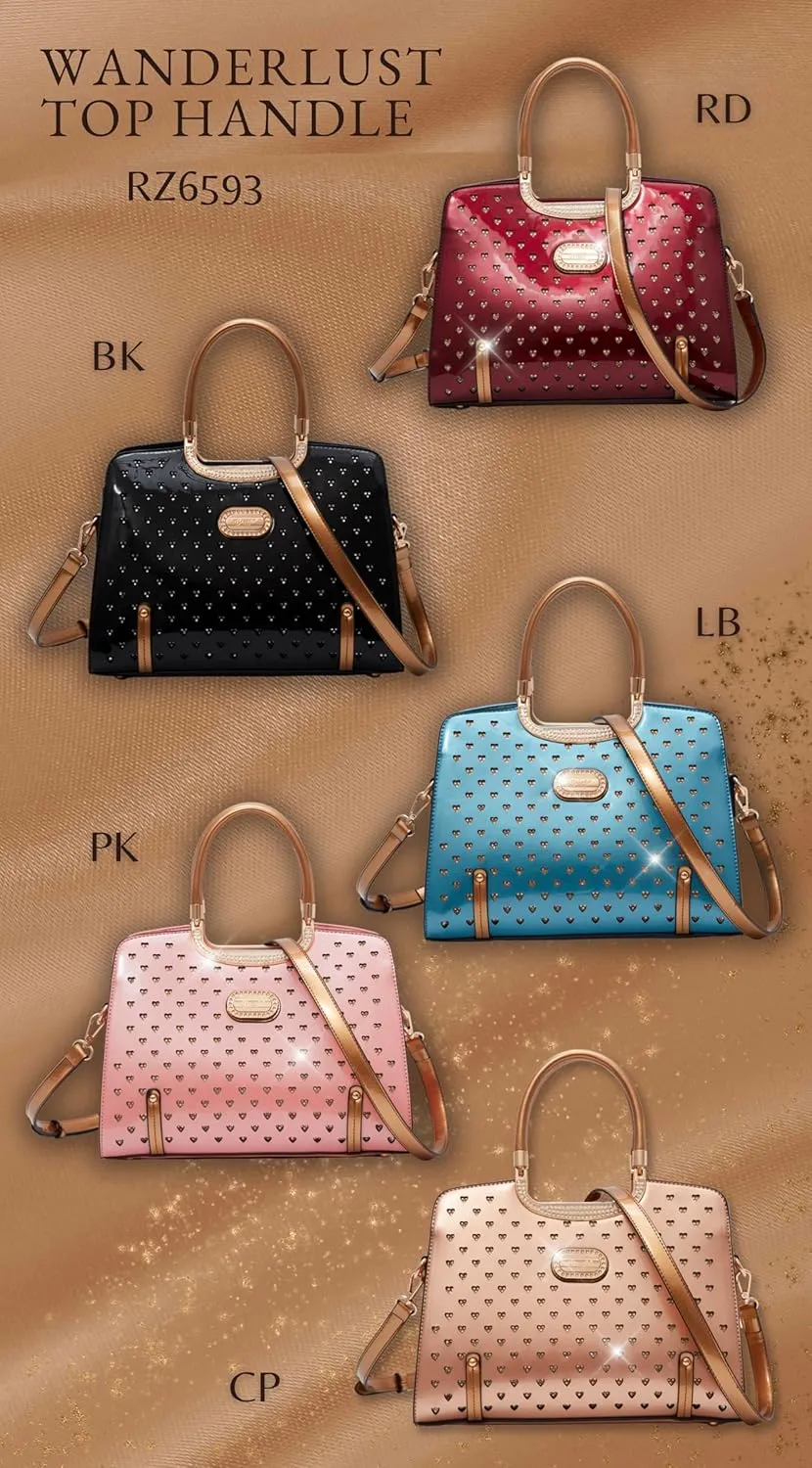 Women's Elegant Handbag  Designer Patent Leather Tote Bag, Heart Studs & Rhinestones, Top Handle with Crossbody Strap