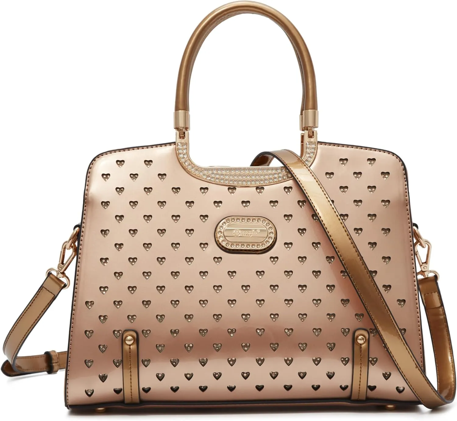 Women's Elegant Handbag  Designer Patent Leather Tote Bag, Heart Studs & Rhinestones, Top Handle with Crossbody Strap