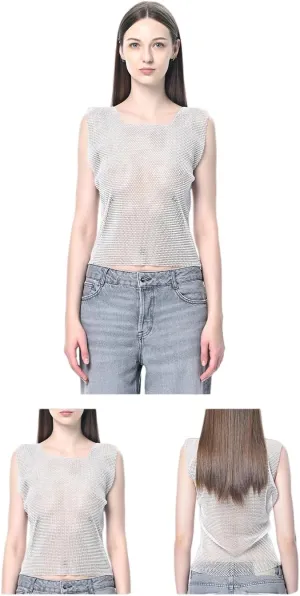 Womens Glitter Camisole See Through Top Sparkling Diamond Cutouts Slim Fit Bottom Lining