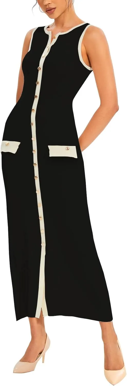 Womens Knit Maxi Dress Sleeveless Bodycon Ribbed Long Tank Dresses Elegant Button Down Workwear Dress