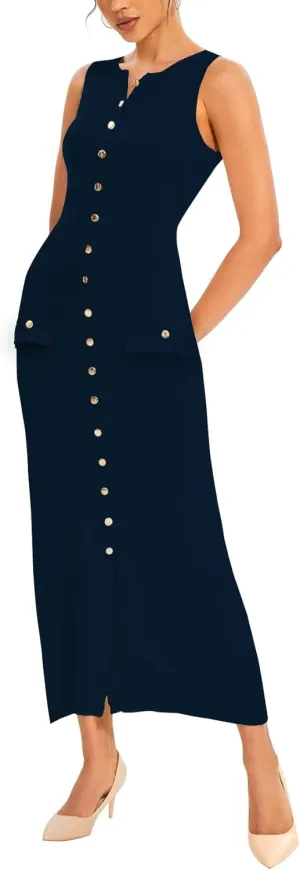 Womens Knit Maxi Dress Sleeveless Bodycon Ribbed Long Tank Dresses Elegant Button Down Workwear Dress