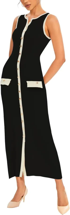 Womens Knit Maxi Dress Sleeveless Bodycon Ribbed Long Tank Dresses Elegant Button Down Workwear Dress