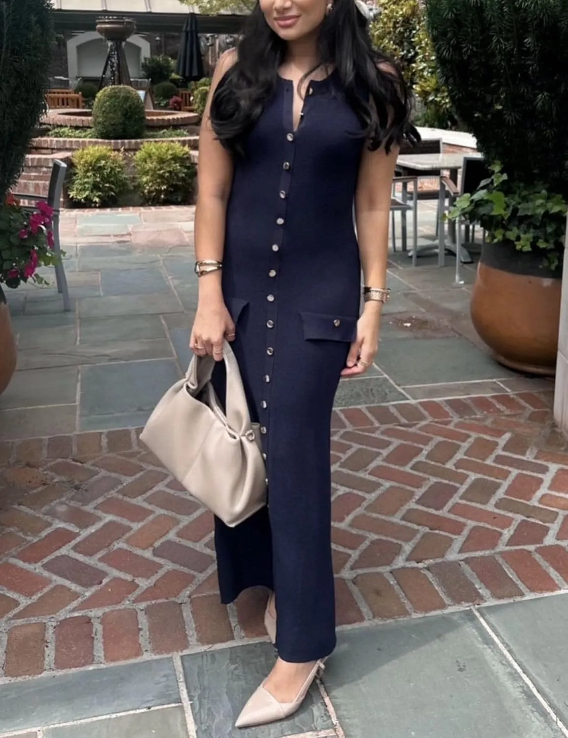 Womens Knit Maxi Dress Sleeveless Bodycon Ribbed Long Tank Dresses Elegant Button Down Workwear Dress