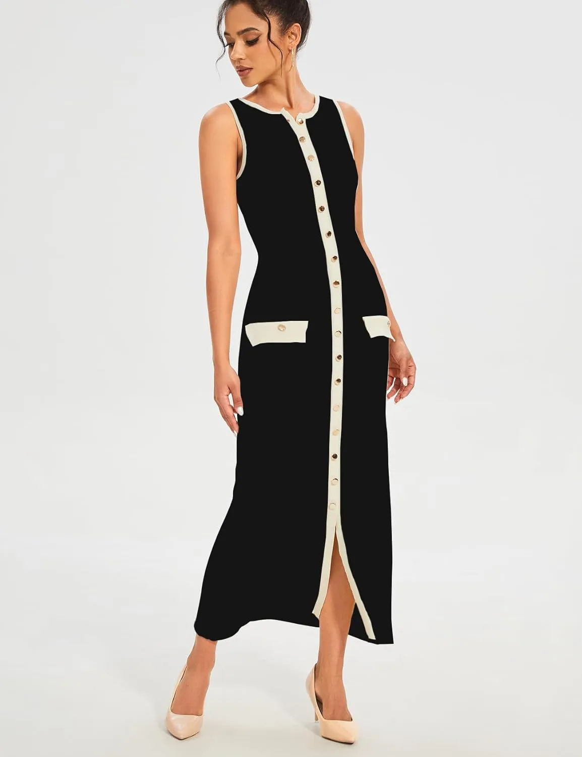 Womens Knit Maxi Dress Sleeveless Bodycon Ribbed Long Tank Dresses Elegant Button Down Workwear Dress