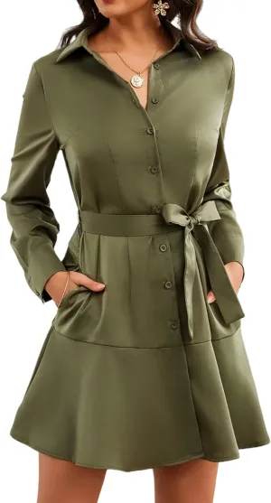 Women's Long Sleeve Button Down Shirt Dress Casual Tie Waist Midi Dresses