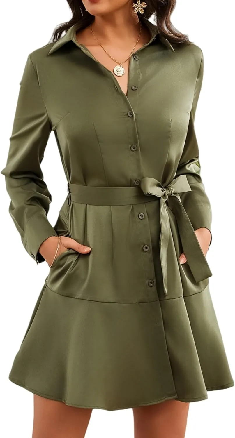 Women's Long Sleeve Button Down Shirt Dress Casual Tie Waist Midi Dresses