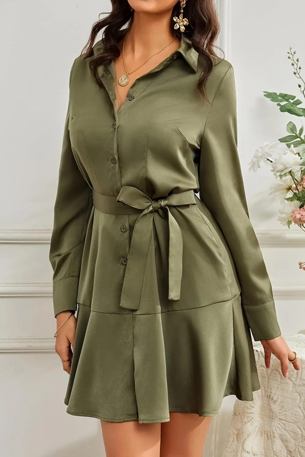 Women's Long Sleeve Button Down Shirt Dress Casual Tie Waist Midi Dresses