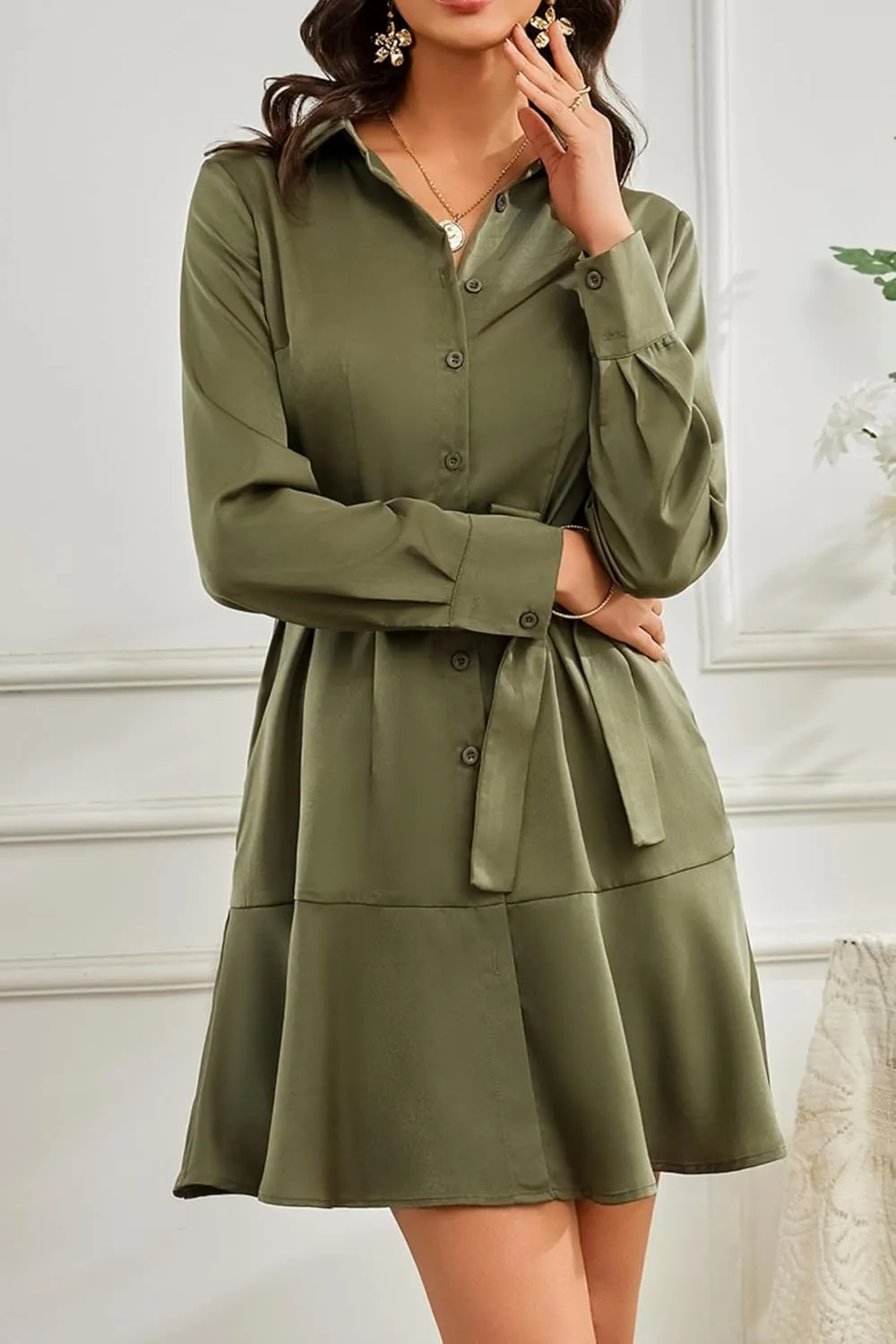 Women's Long Sleeve Button Down Shirt Dress Casual Tie Waist Midi Dresses