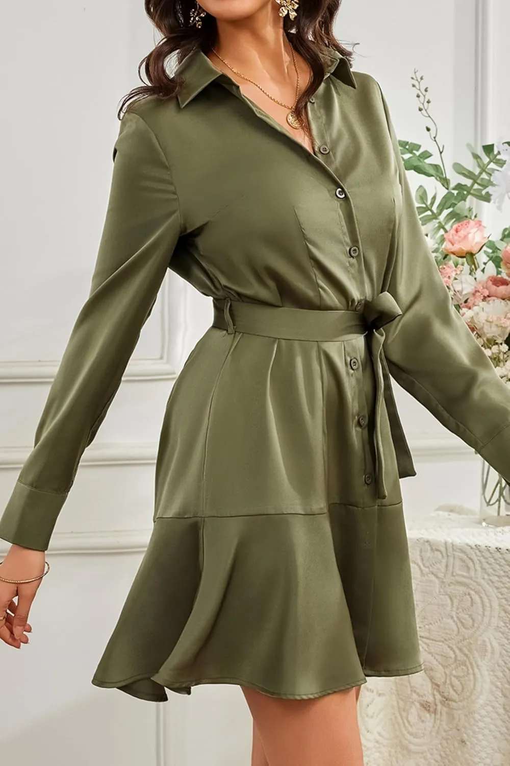Women's Long Sleeve Button Down Shirt Dress Casual Tie Waist Midi Dresses