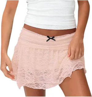 Womens Low Rise Lace Mini Skirt Y2k Bow Double Layer Mesh Short Skirt Flowy Asymmetrical Underskirt Half Slip Skirts