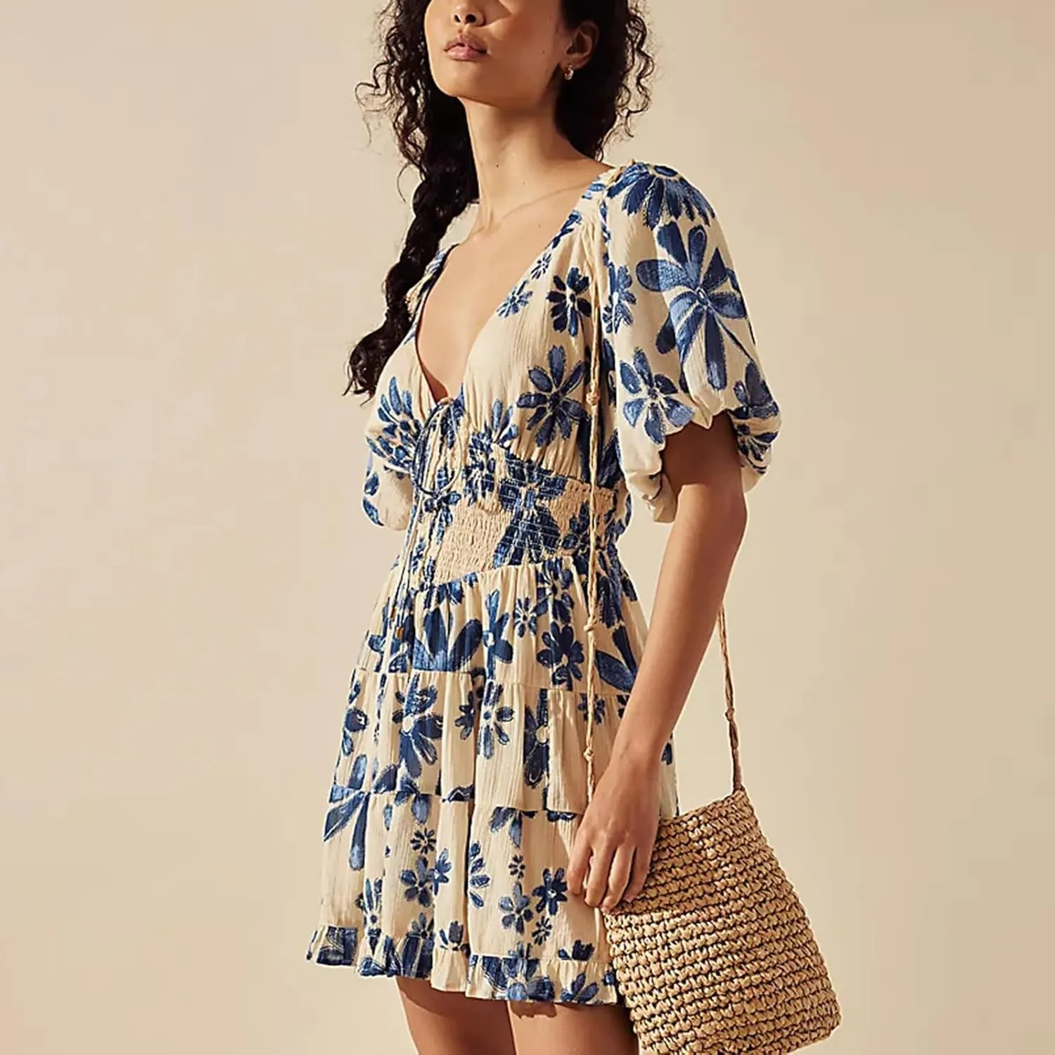 Womens Mini Summer Spring Dresses Casual Knot Front V Neck Ruffles Short Sleeve Floral Print Swing Dress