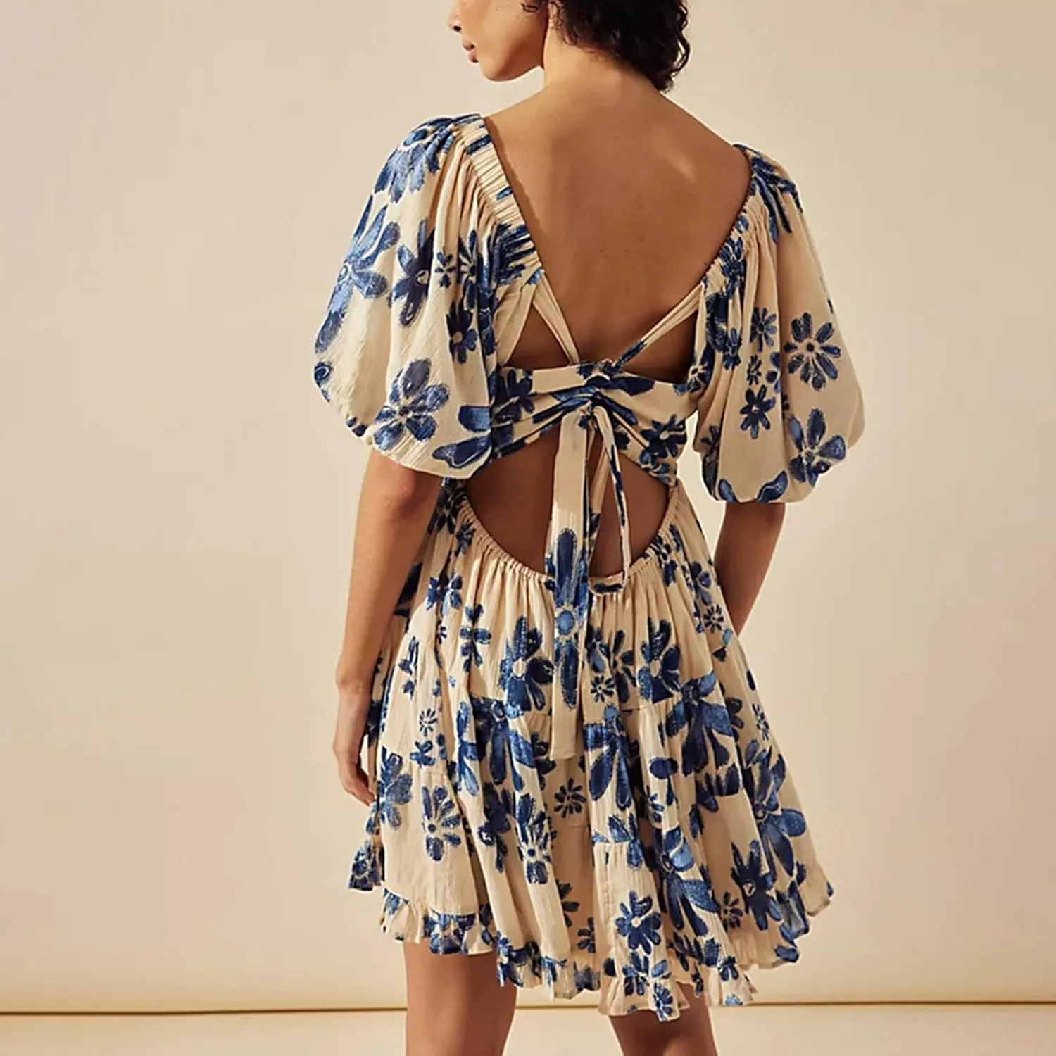 Womens Mini Summer Spring Dresses Casual Knot Front V Neck Ruffles Short Sleeve Floral Print Swing Dress
