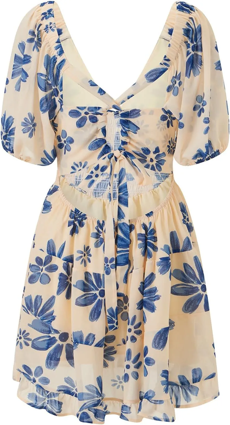 Womens Mini Summer Spring Dresses Casual Knot Front V Neck Ruffles Short Sleeve Floral Print Swing Dress
