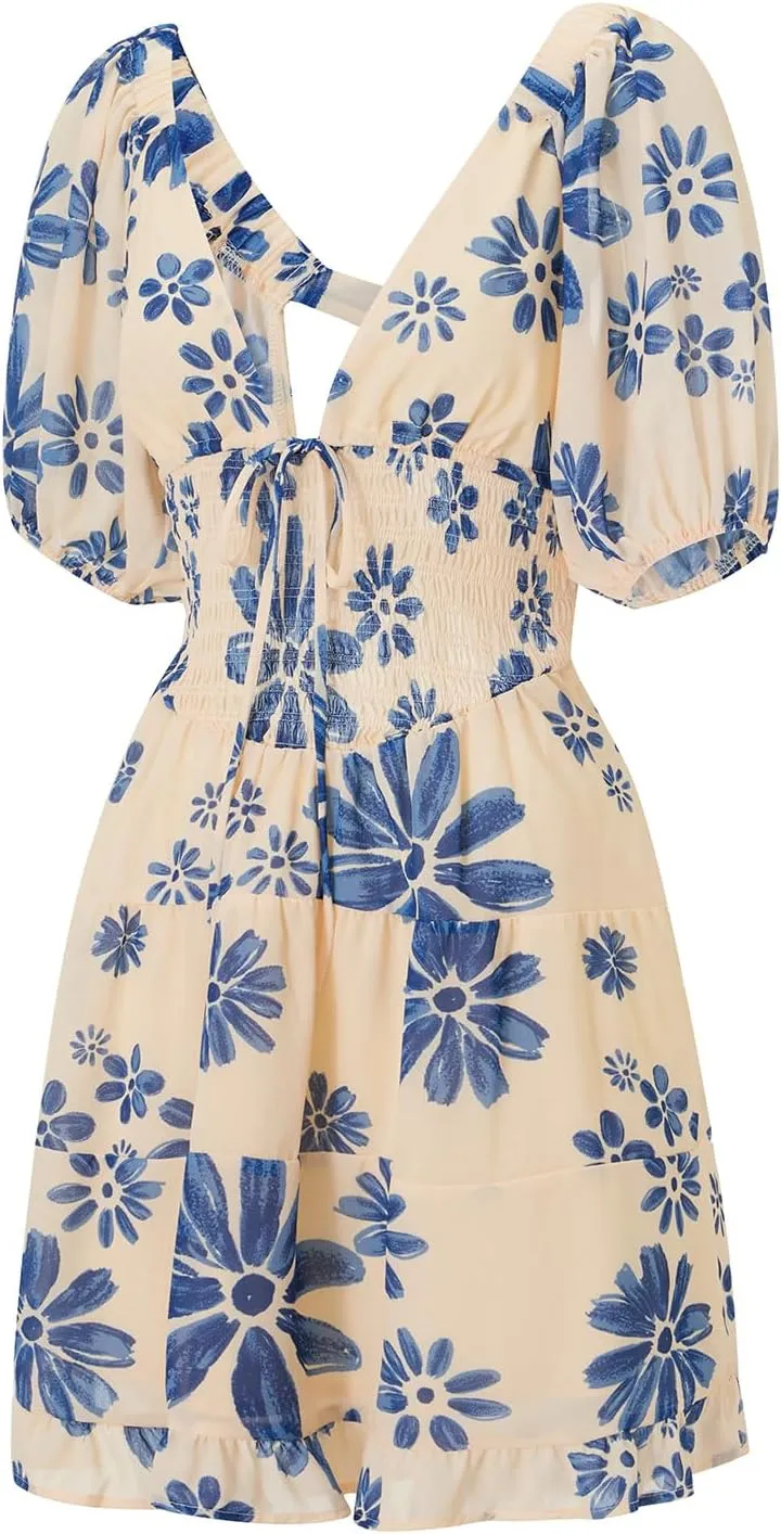 Womens Mini Summer Spring Dresses Casual Knot Front V Neck Ruffles Short Sleeve Floral Print Swing Dress