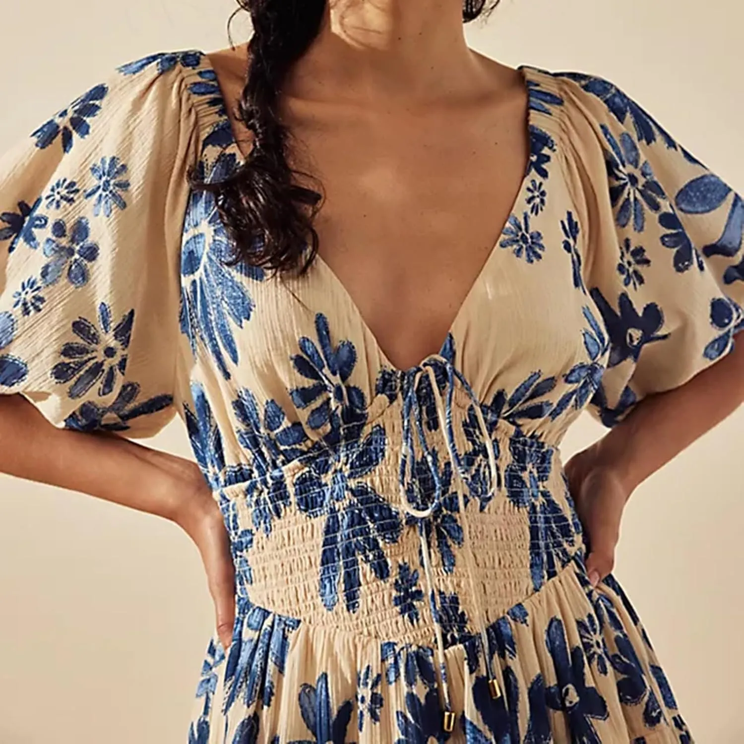 Womens Mini Summer Spring Dresses Casual Knot Front V Neck Ruffles Short Sleeve Floral Print Swing Dress