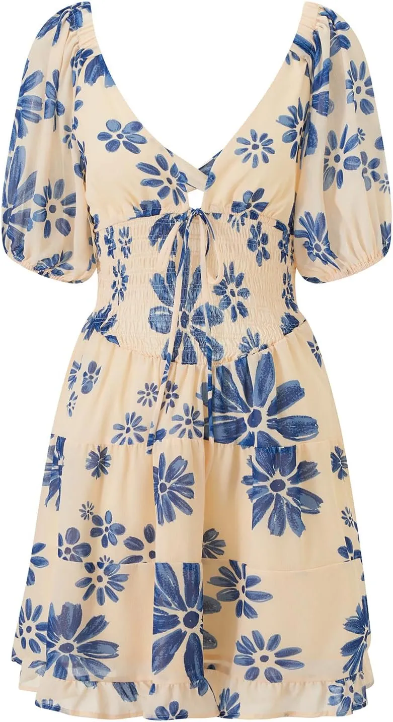 Womens Mini Summer Spring Dresses Casual Knot Front V Neck Ruffles Short Sleeve Floral Print Swing Dress