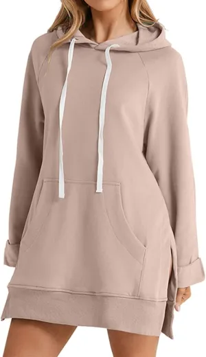 Women's Oversized Casual Pullover Long Sleeve Split Hem Drawstring Hoodies Dress, Long Hoodies for Women with Pocket