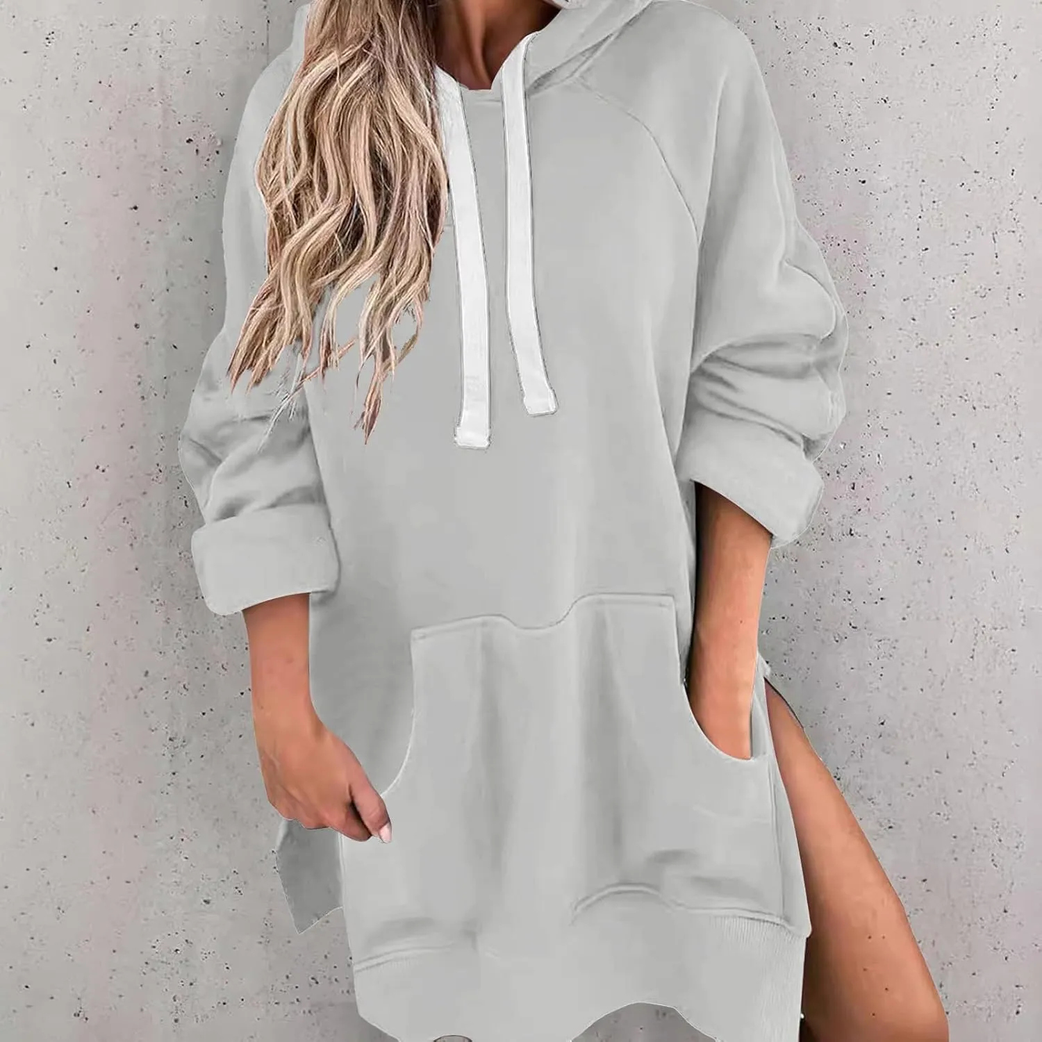 Women's Oversized Hooded Sweatshirt Casual Pullover Long Sleeve Split Hem Drawstring Hoodies Dress with Pocket