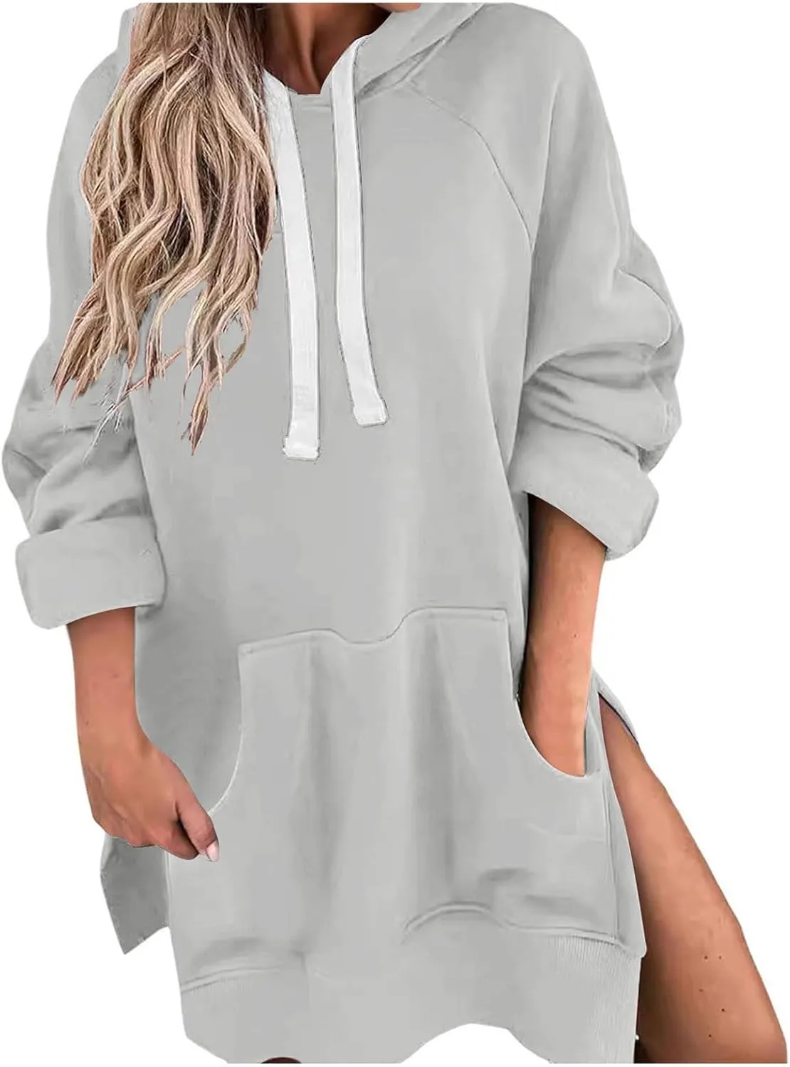 Women's Oversized Hooded Sweatshirt Casual Pullover Long Sleeve Split Hem Drawstring Hoodies Dress with Pocket