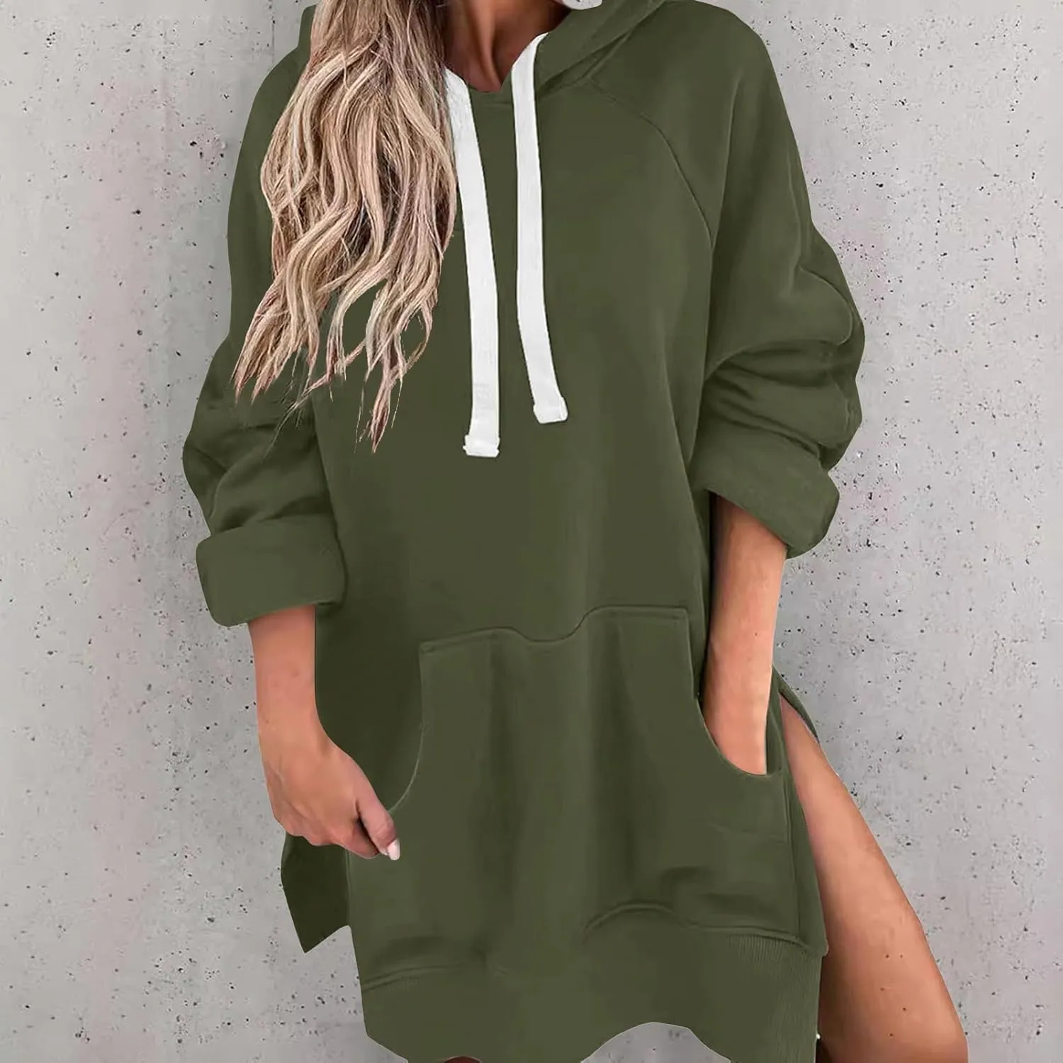Women's Oversized Hooded Sweatshirt Casual Pullover Long Sleeve Split Hem Drawstring Hoodies Dress with Pocket