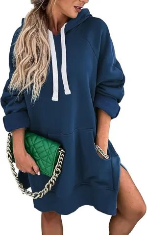 Women's Oversized Hooded Sweatshirt Casual Pullover Long Sleeve Split Hem Drawstring Hoodies Dress with Pocket