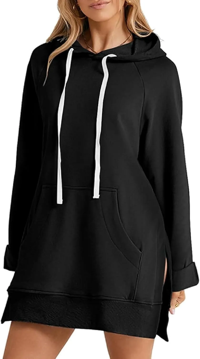 Women's Oversized Hooded Sweatshirt Casual Pullover Long Sleeve Split Hem Drawstring Hoodies Dress with Pocket