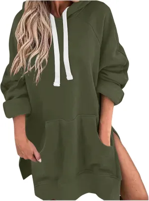 Women's Oversized Hooded Sweatshirt Casual Pullover Long Sleeve Split Hem Drawstring Hoodies Dress with Pocket