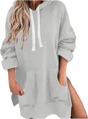 Women's Oversized Hooded Sweatshirt Casual Pullover Long Sleeve Split Hem Drawstring Hoodies Dress with Pocket