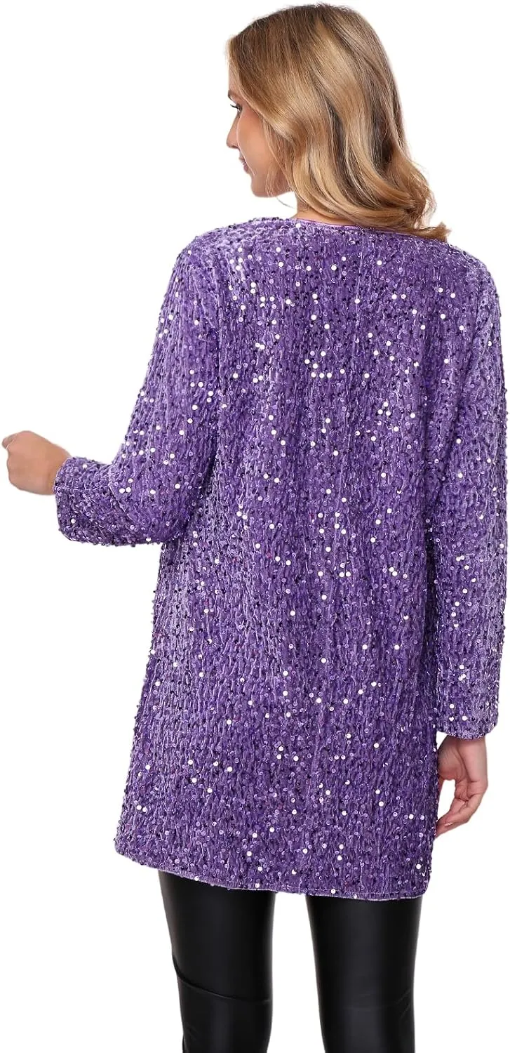 Women's Sequin Jacket Sparkly Blazer Open Front Glitter Cardigan Long Sleeve Coat for Casual Party Cocktail
