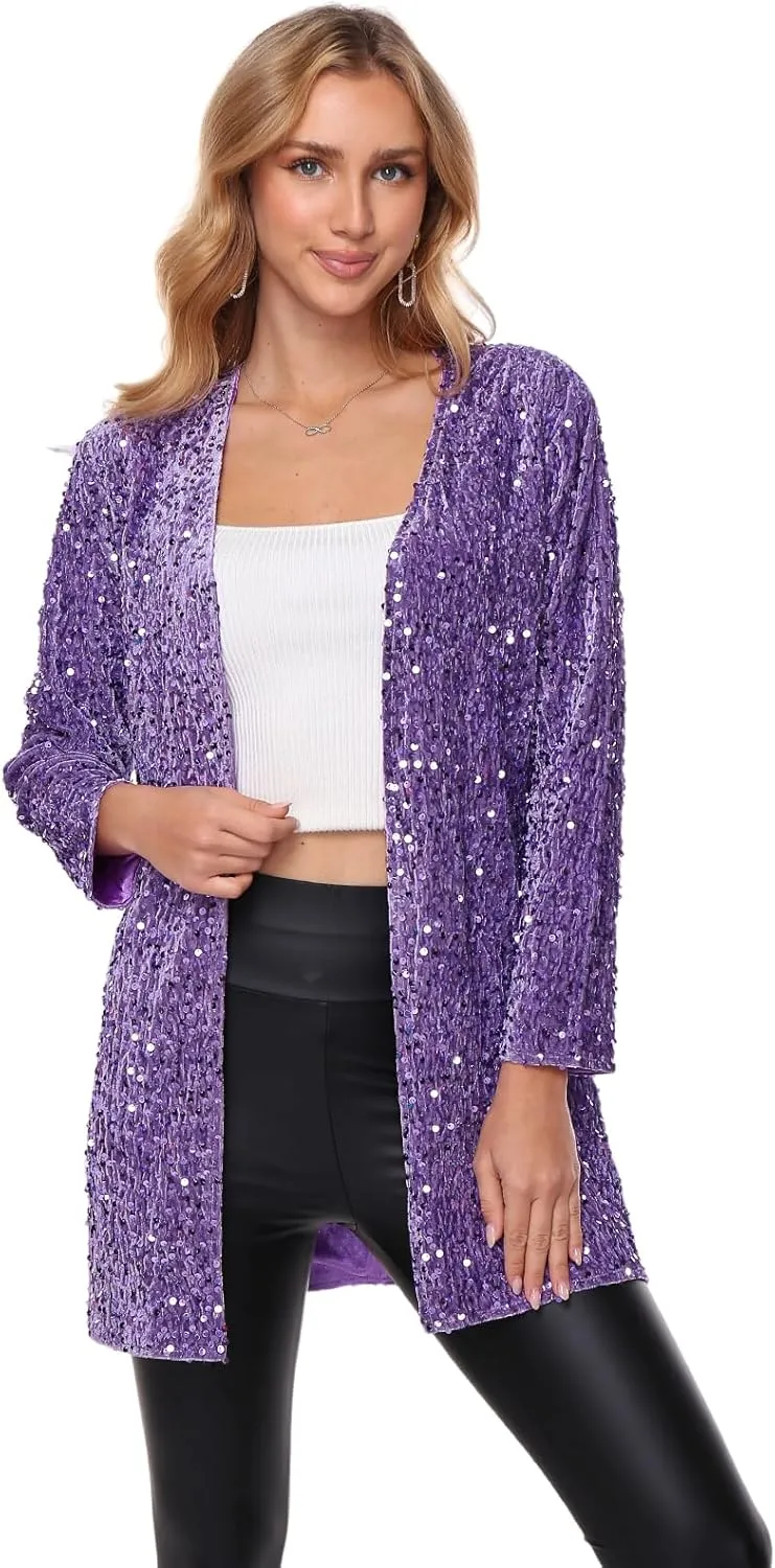 Women's Sequin Jacket Sparkly Blazer Open Front Glitter Cardigan Long Sleeve Coat for Casual Party Cocktail