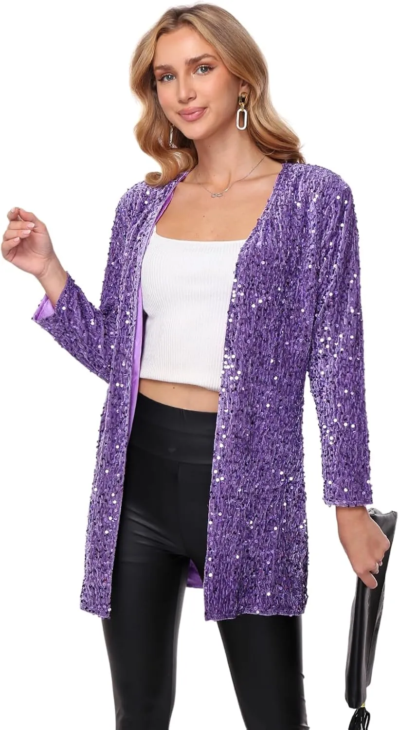 Women's Sequin Jacket Sparkly Blazer Open Front Glitter Cardigan Long Sleeve Coat for Casual Party Cocktail