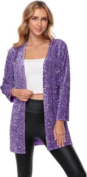 Women's Sequin Jacket Sparkly Blazer Open Front Glitter Cardigan Long Sleeve Coat for Casual Party Cocktail