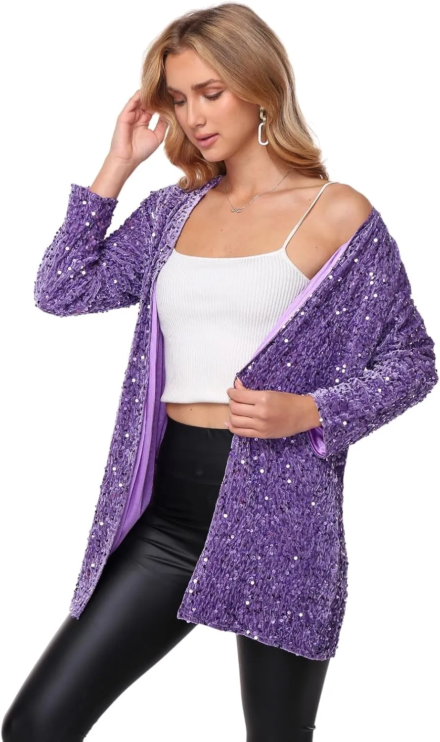 Women's Sequin Jacket Sparkly Blazer Open Front Glitter Cardigan Long Sleeve Coat for Casual Party Cocktail