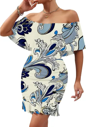 Women's Sexy Off The Shoulder Ruffle Bodycon Mini Cocktail Dress African Print Summer Evening Party Club S-3XL