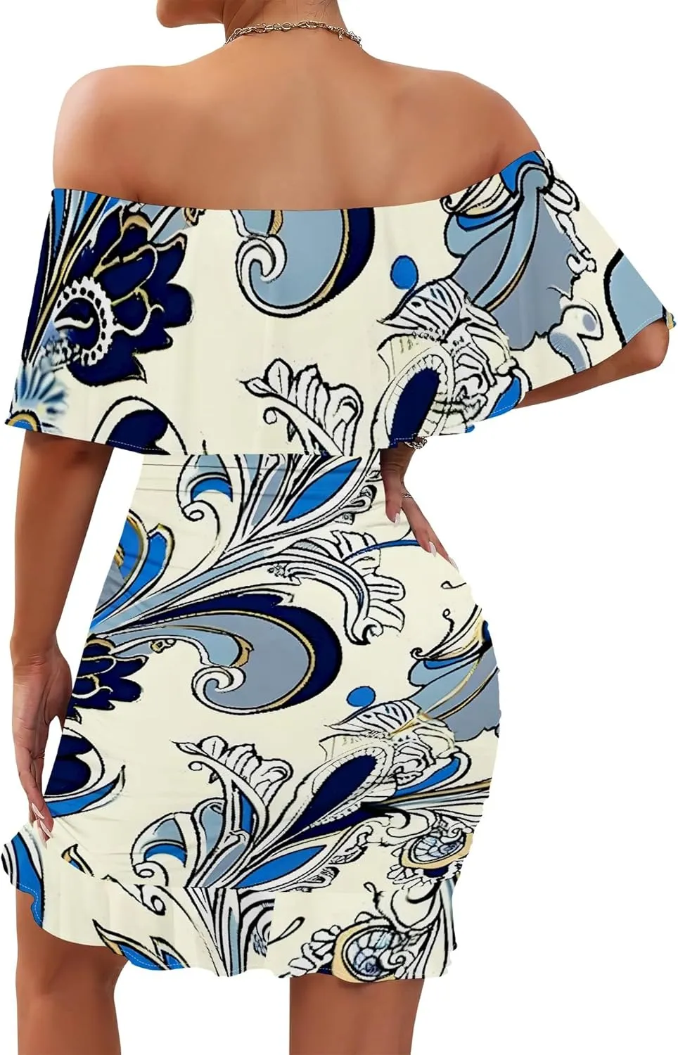 Women's Sexy Off The Shoulder Ruffle Bodycon Mini Cocktail Dress African Print Summer Evening Party Club S-3XL