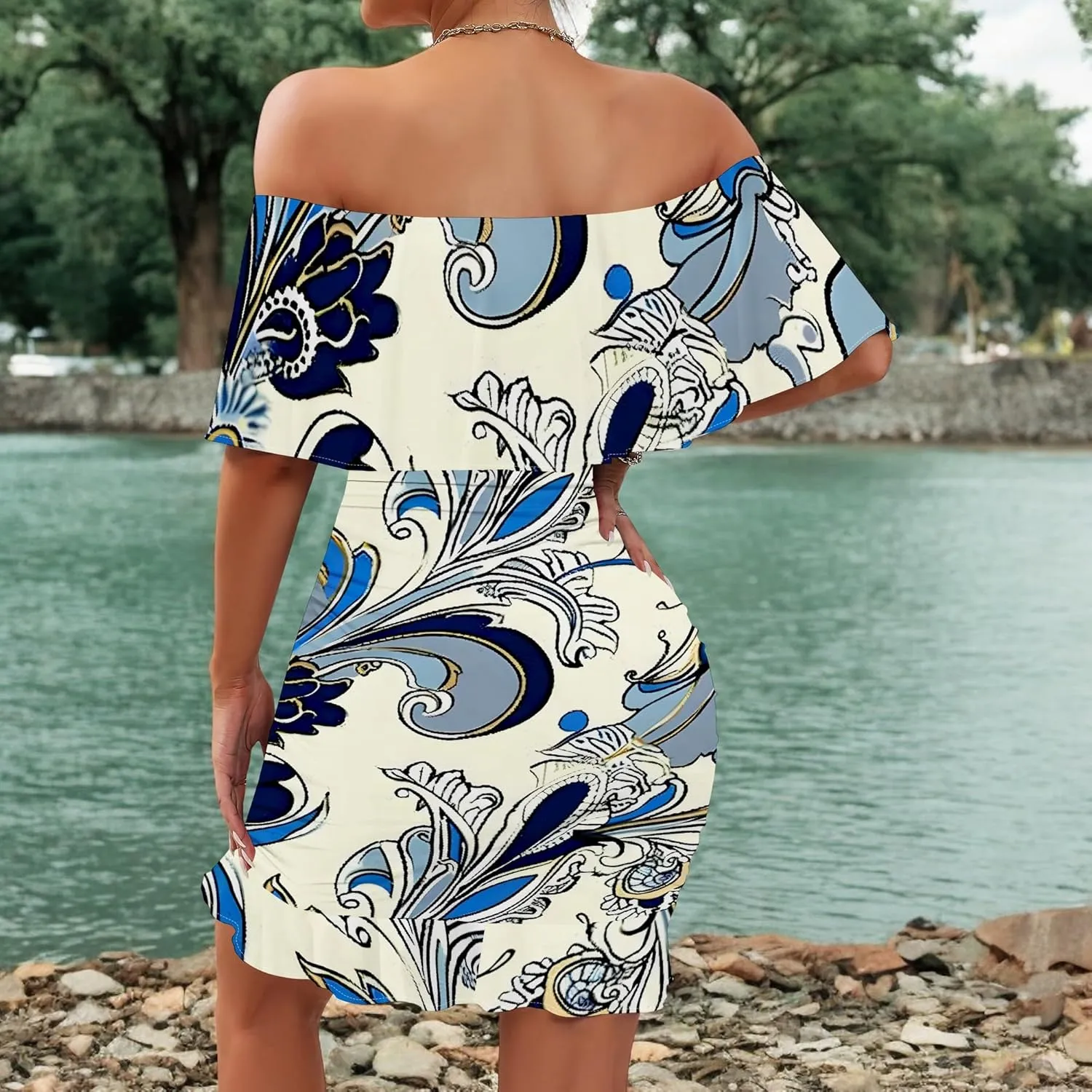 Women's Sexy Off The Shoulder Ruffle Bodycon Mini Cocktail Dress African Print Summer Evening Party Club S-3XL