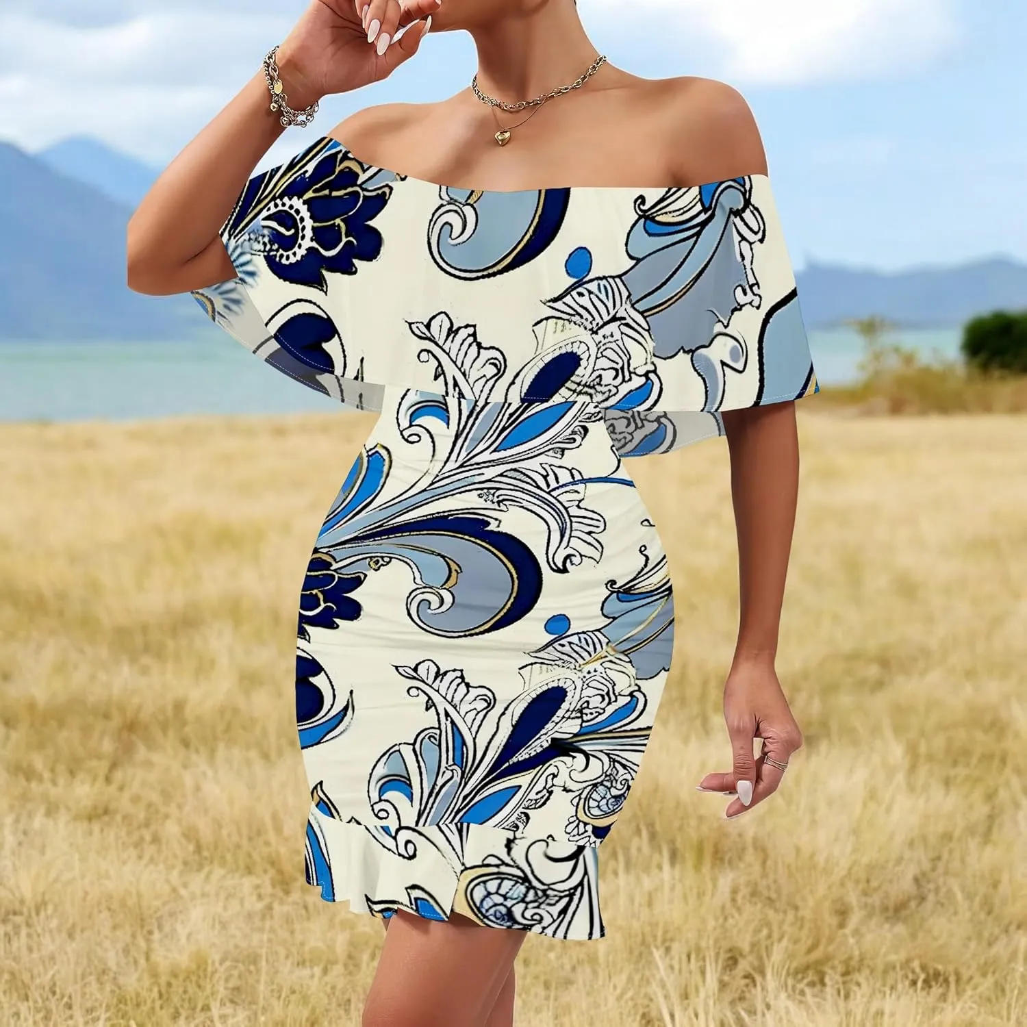 Women's Sexy Off The Shoulder Ruffle Bodycon Mini Cocktail Dress African Print Summer Evening Party Club S-3XL