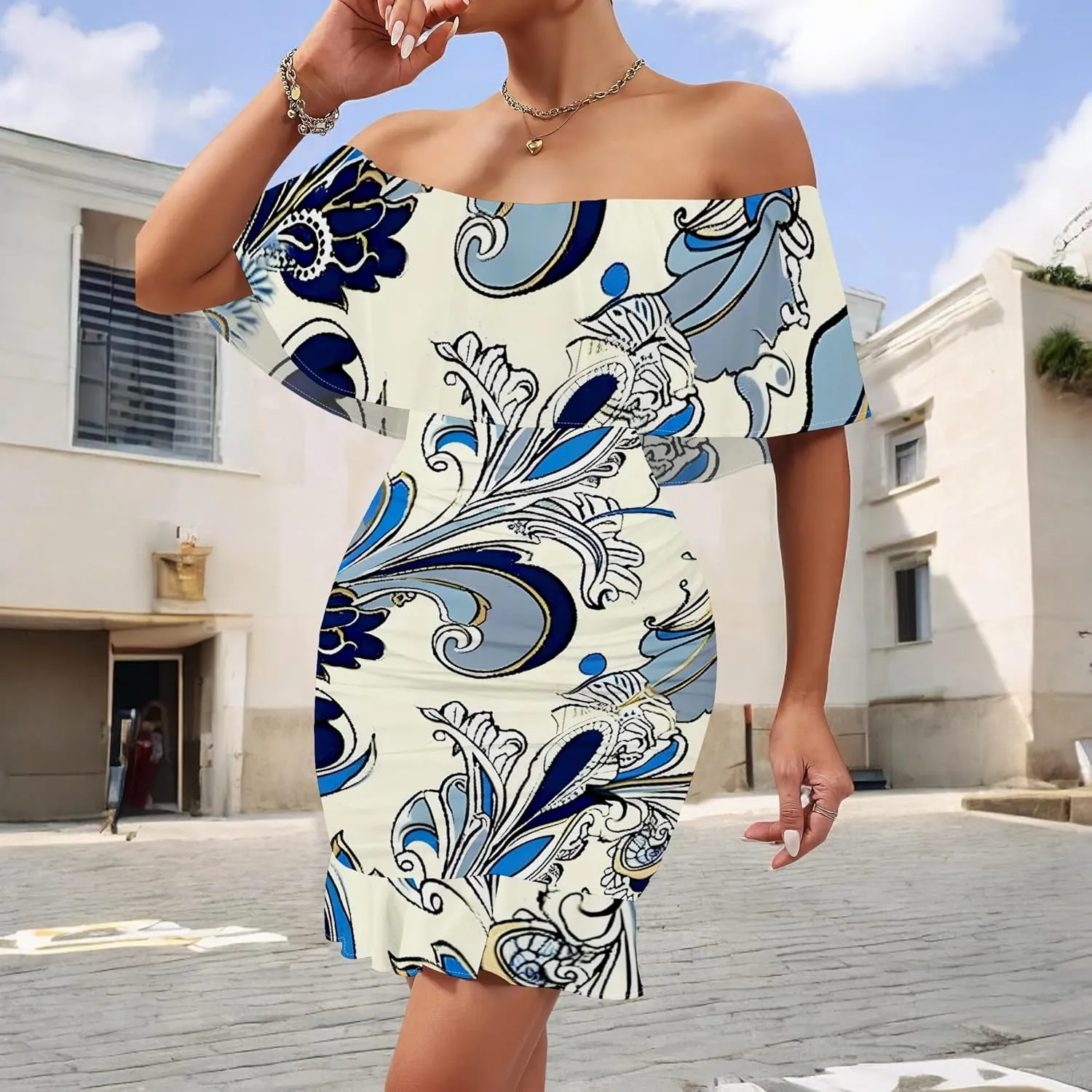 Women's Sexy Off The Shoulder Ruffle Bodycon Mini Cocktail Dress African Print Summer Evening Party Club S-3XL