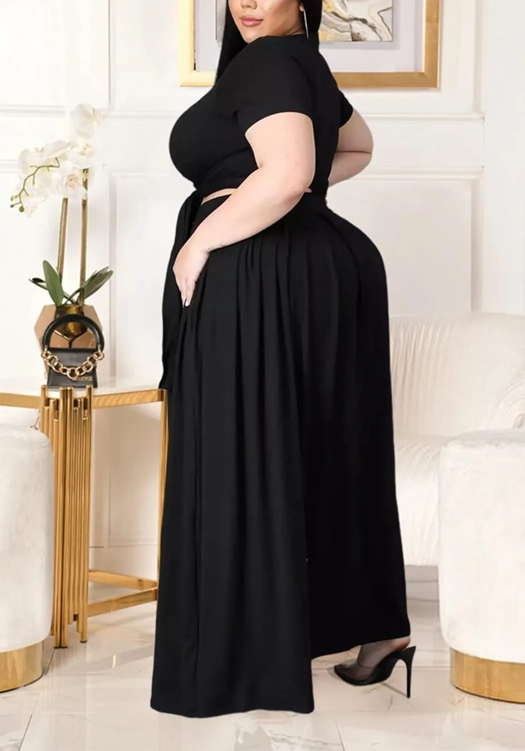 Womens Sexy Plus Size 2 Piece Dress Outfits Short Sleeve Bandage Wrap Empire Crop Tops and Skirt Sets