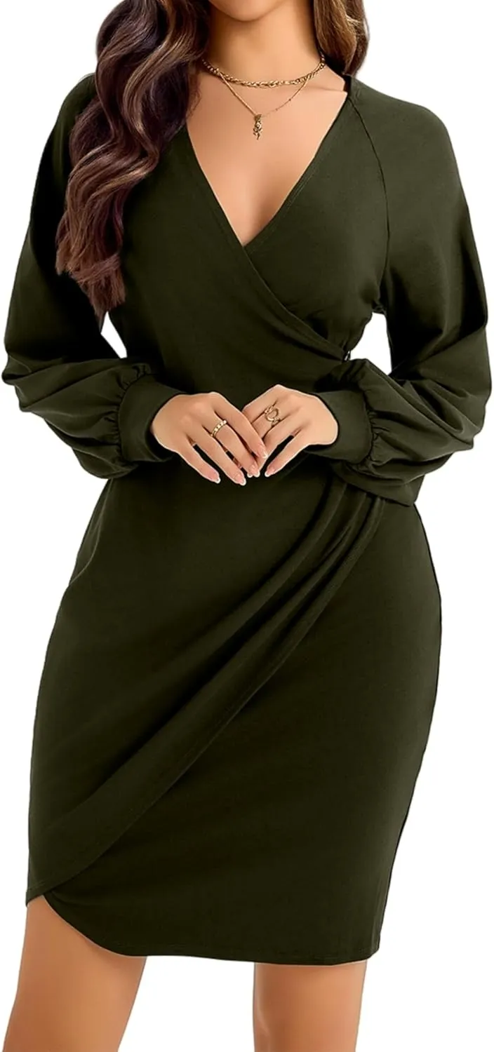 Women's Sexy Wrap V Neck Cocktail Dress Ruched Puffy Sleeve Night Out Club Dresses