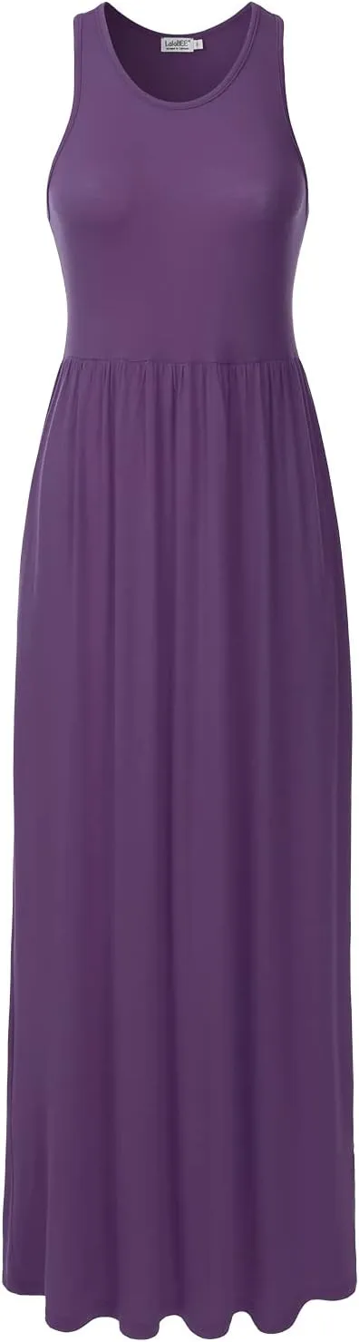 Women's Sleeveless Racerback Long Maxi Dress with Pockets (XS-XXL)
