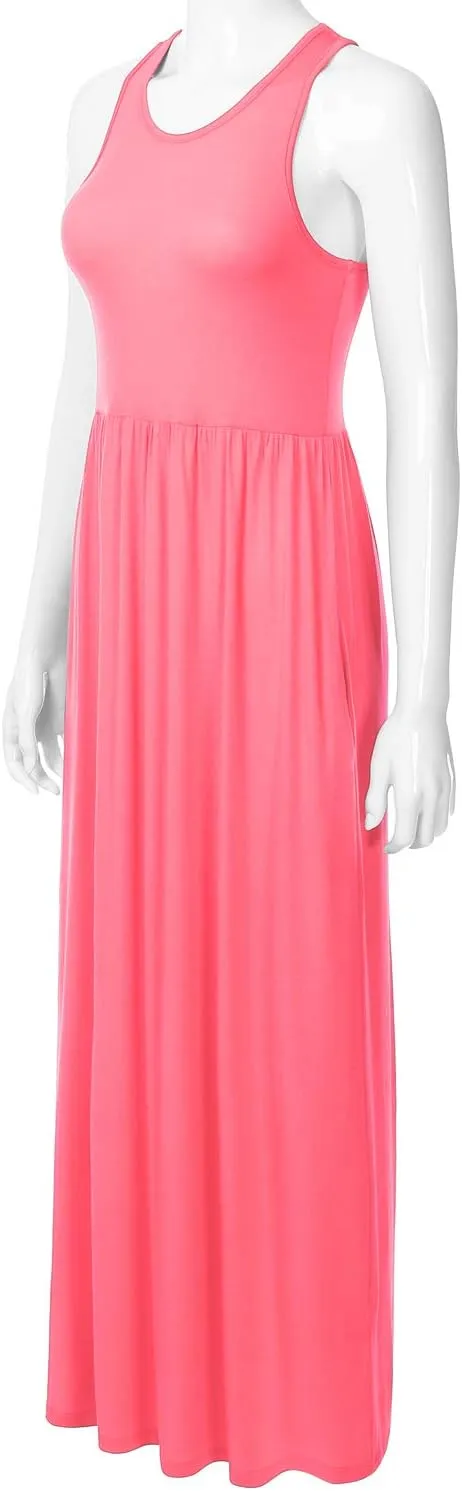 Women's Sleeveless Racerback Long Maxi Dress with Pockets (XS-XXL)