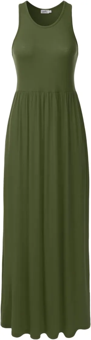 Women's Sleeveless Racerback Long Maxi Dress with Pockets (XS-XXL)