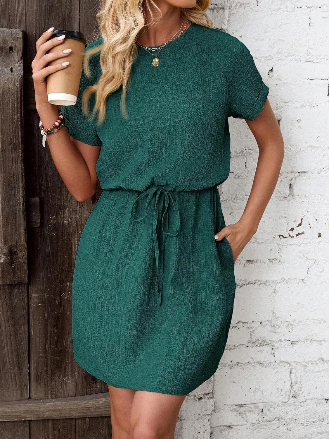 Women's Solid Color Daily Round Neck Short Sleeve Tie Waist Dress Fashion Dresses for Women