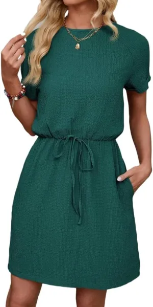Women's Solid Color Daily Round Neck Short Sleeve Tie Waist Dress Fashion Dresses for Women